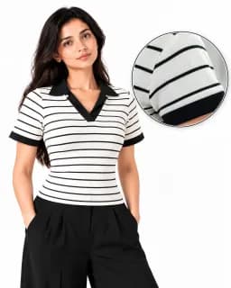 Arza Contrast Collar Striped Ribbed Top 3
