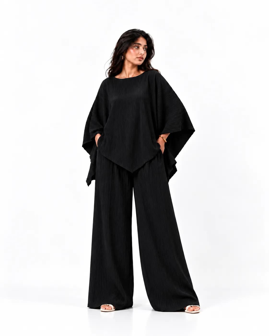 Women’s Crinkle Poncho Co-Ord Set – 2-Piece Wide-Leg Outfit