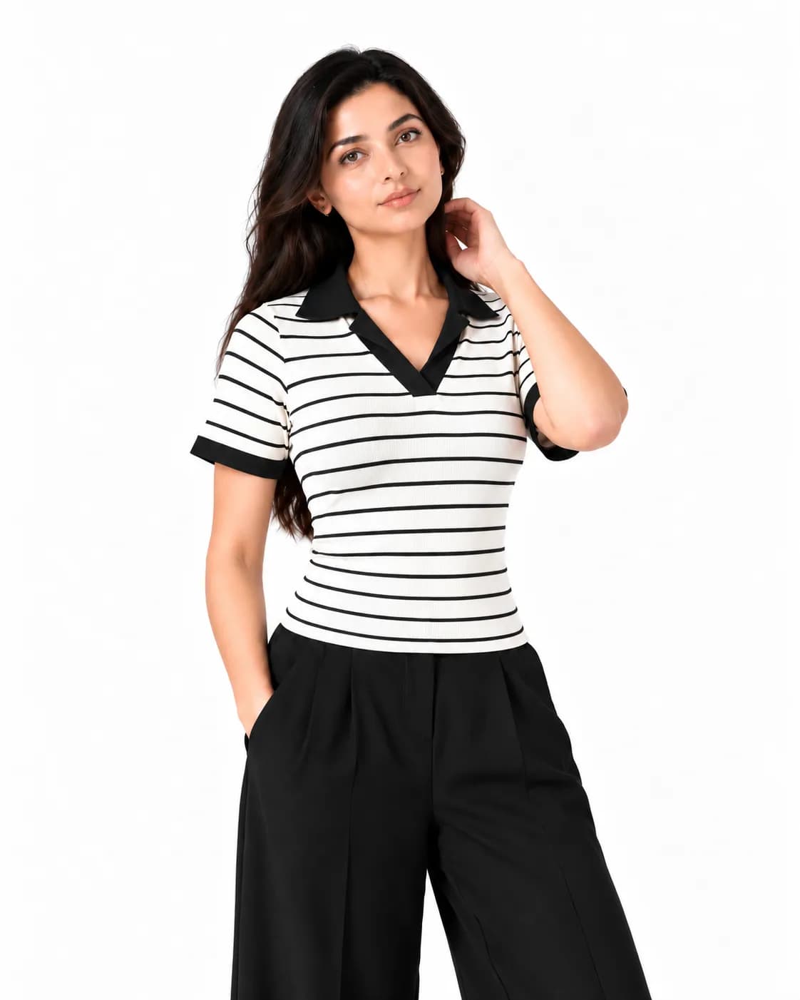 Arza Contrast Collar Striped Ribbed Top
