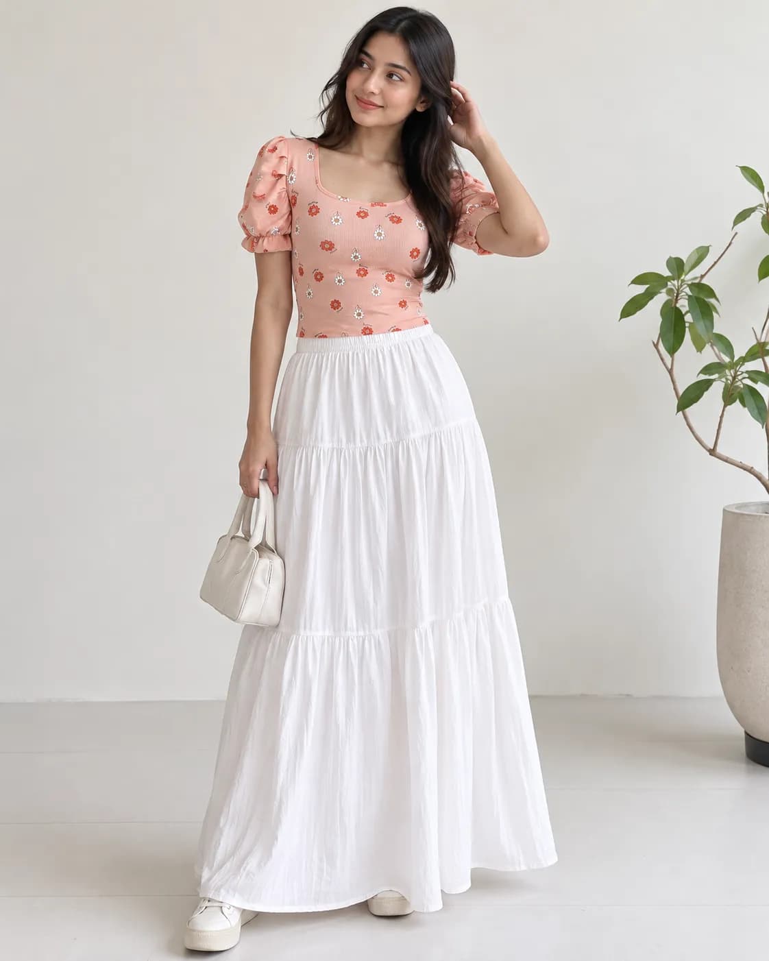 Arza Peach Bloom Floral Puff-Sleeve Crop Top 🌸